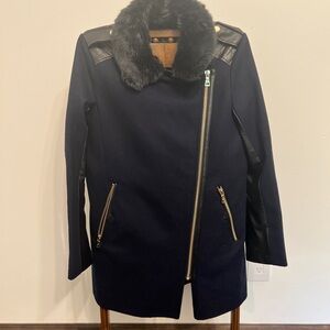 Sam Edelman Wool and Faux Leather Deep Blue and Plaid Winter Coat